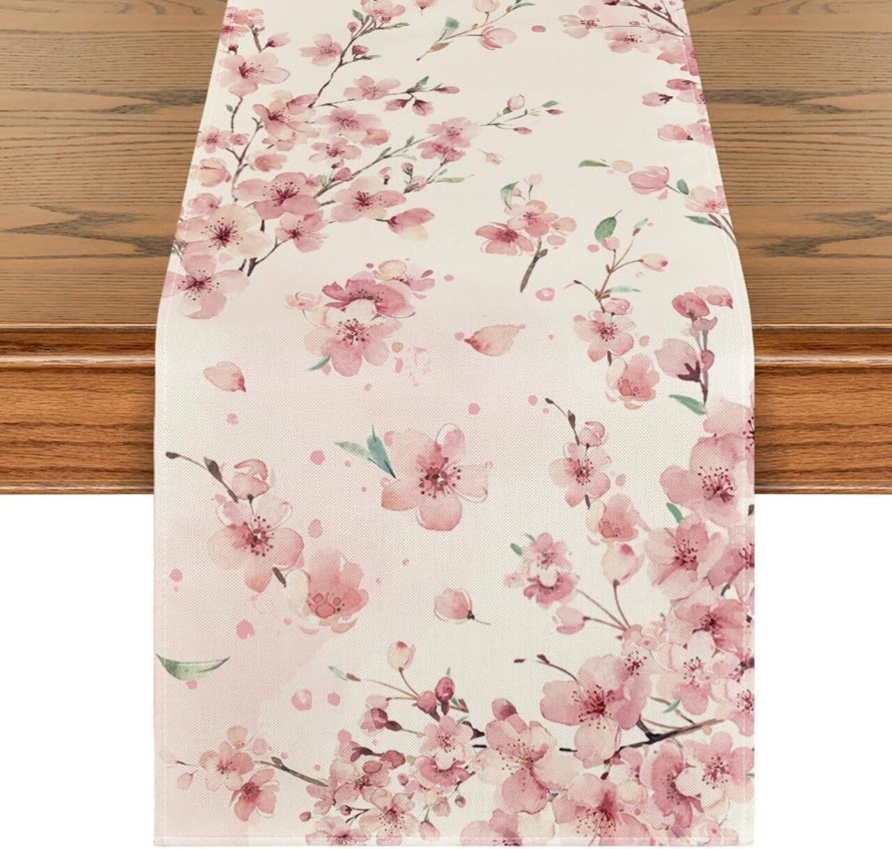 Floral Cherry Blossoms Branches Summer Table Runner, Seasonal Spring Kitchen Dining Table Decoration for Home Party Decor 13x72 Inch